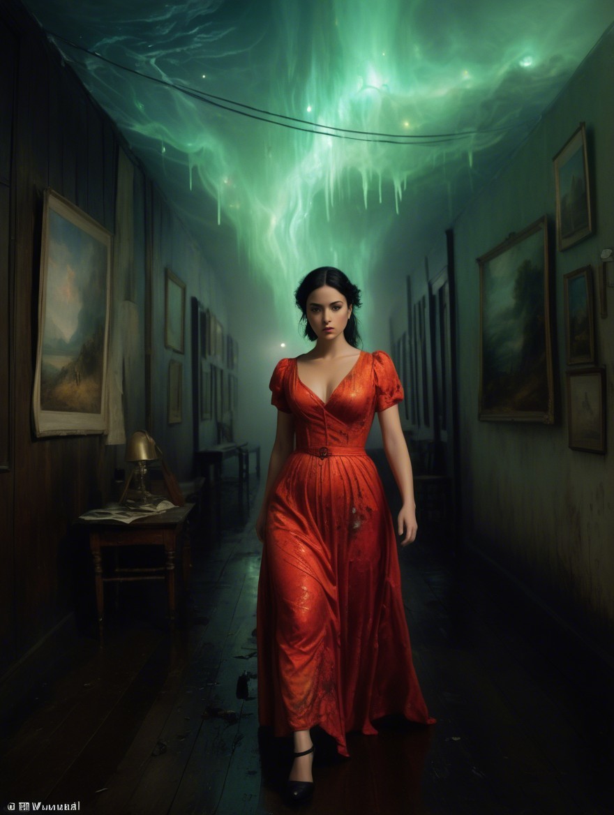 Woman in Red Dress in Dimly Lit Vintage Hallway