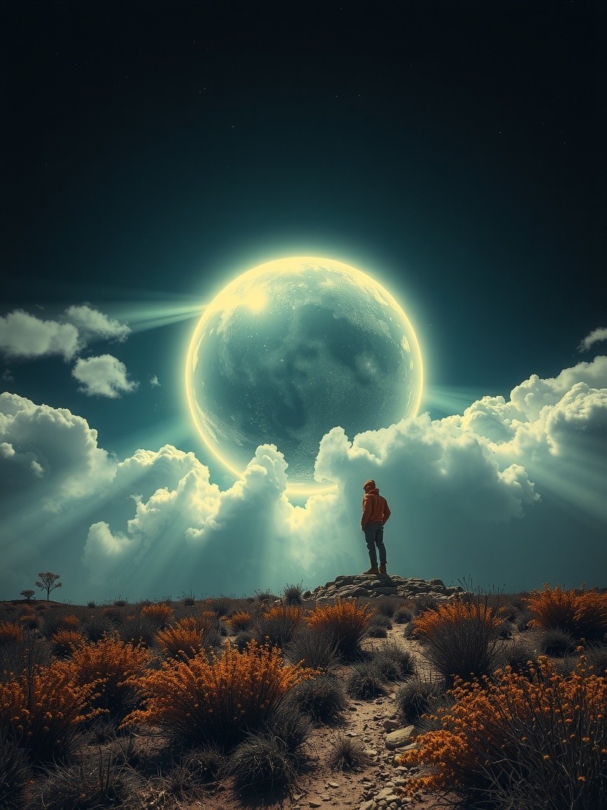 Solitary Figure Overlooking Moonlit Starry Sky