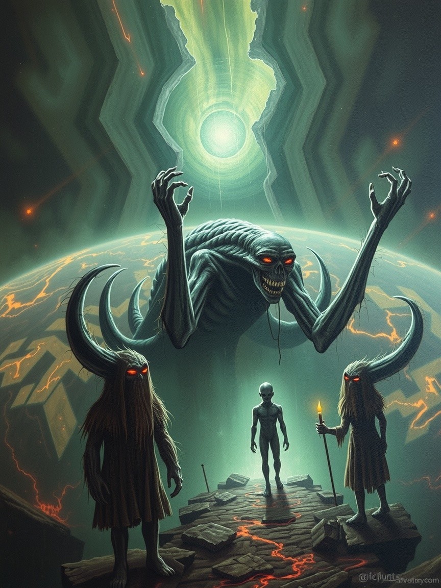 Surreal Landscape with Monstrous Figure and Creatures