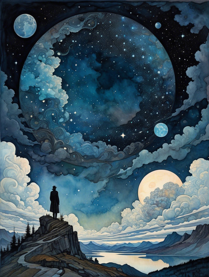 Lone Figure Observing Cosmic Scene with Reflections
