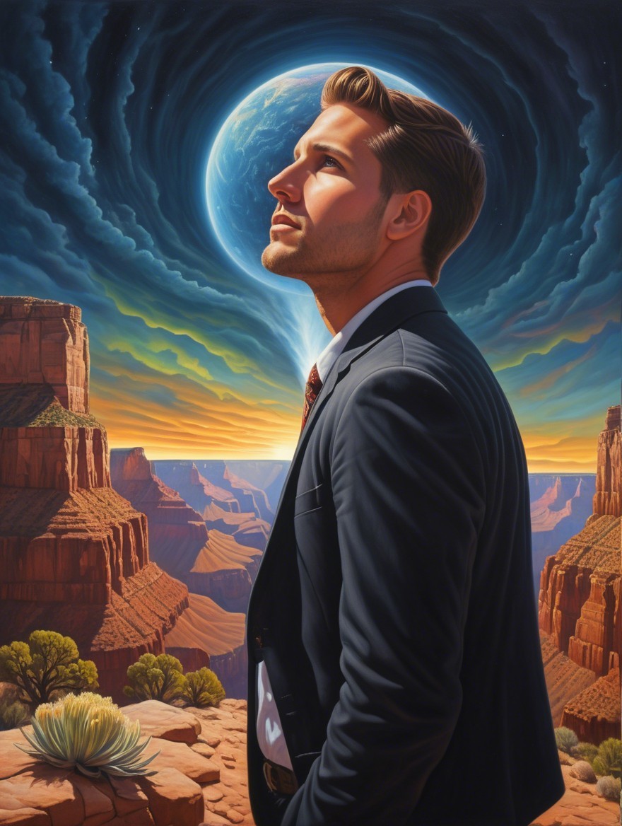 Man in Suit Contemplating Canyons at Sunset