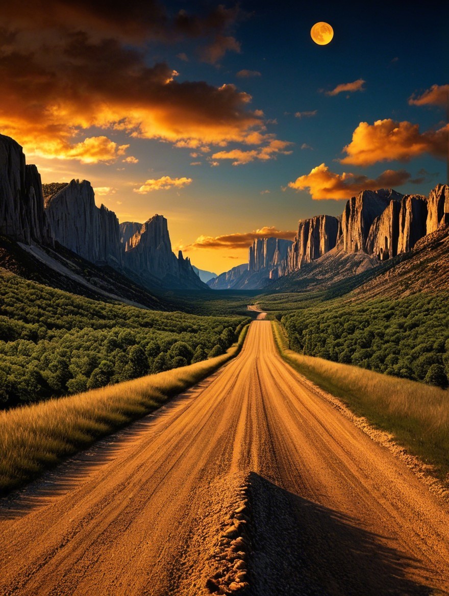Winding Dirt Road in Lush Valley at Sunset