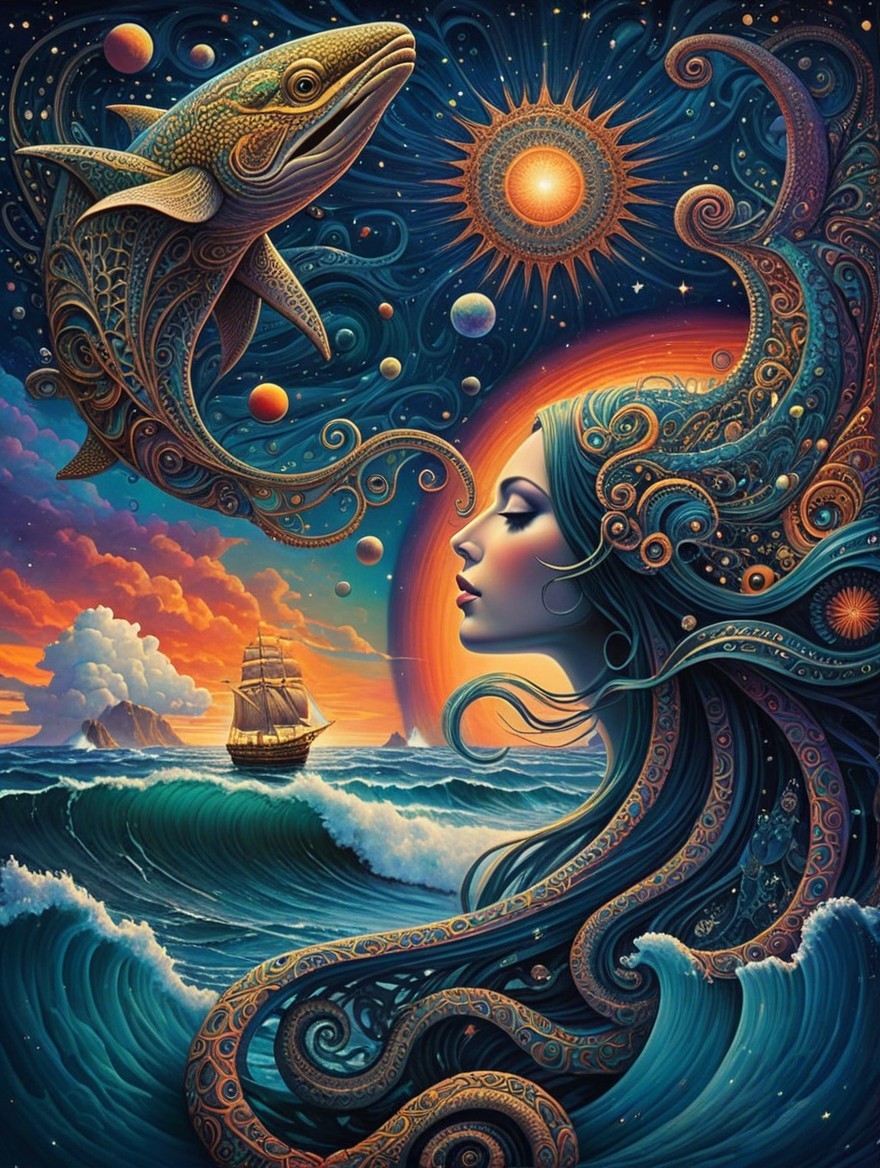Surreal Scene of Woman with Ocean Waves and Cosmic Fish