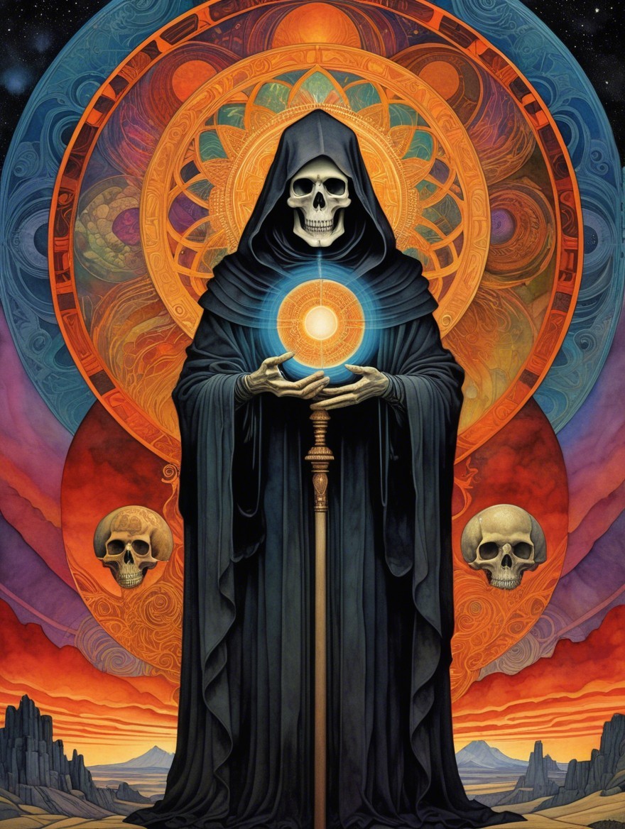 Cloaked figure with glowing orb and skulls in sunset