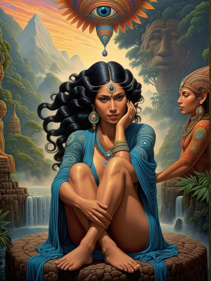 Serene Woman by Waterfall with Mystical Elements