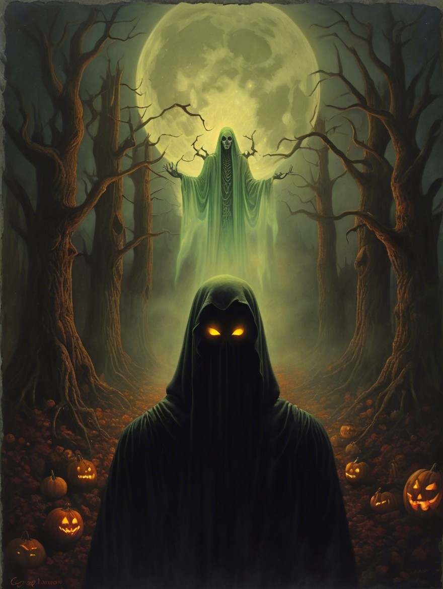 Cloaked Figure in Misty Forest with Ghostly Apparition