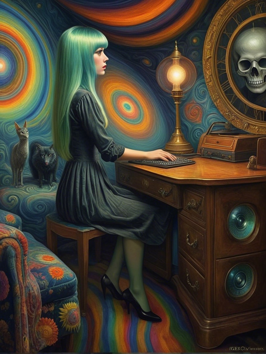Surreal Scene of Woman with Green Hair at Vintage Desk