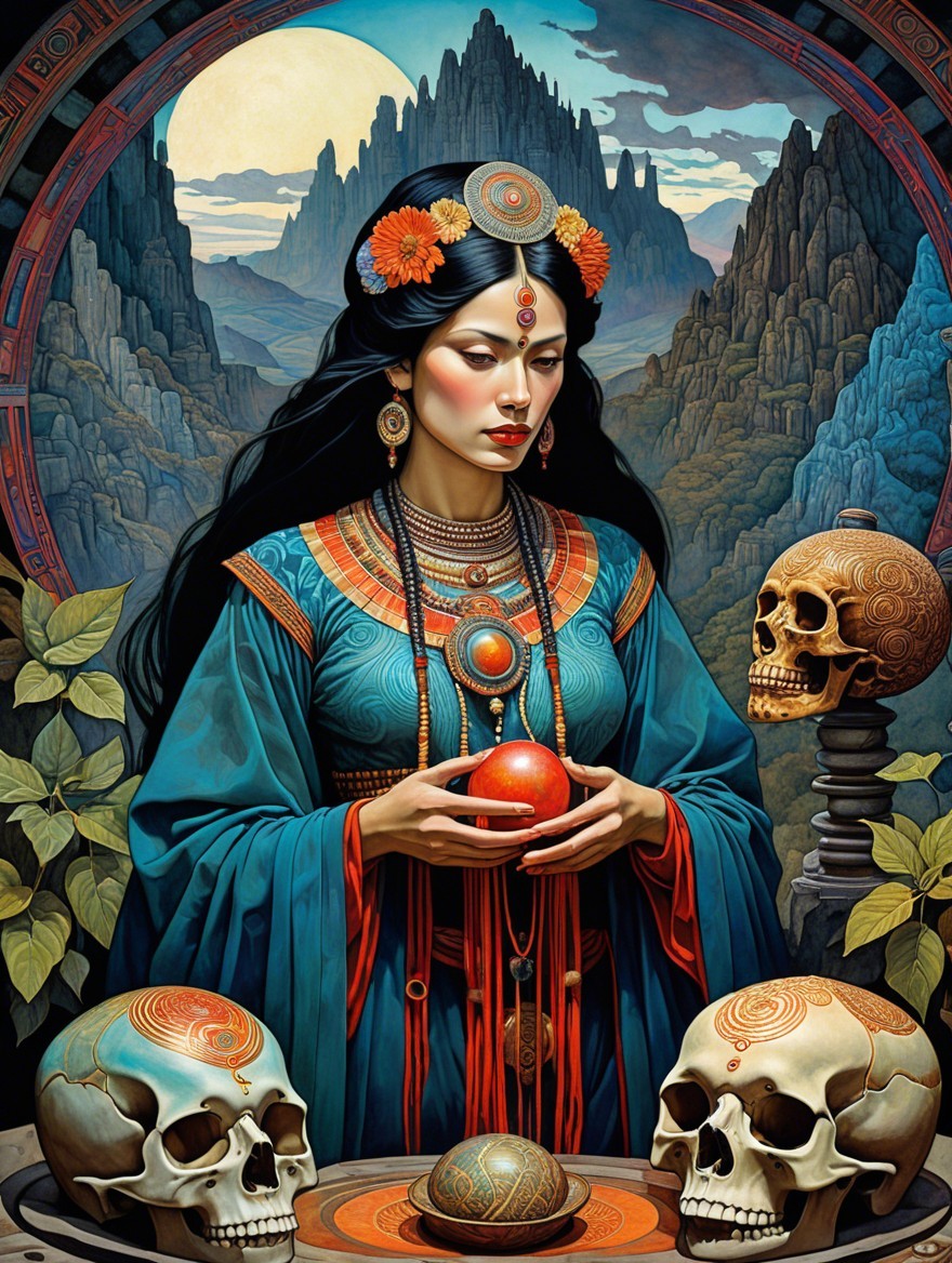 Mystical Figure with Glowing Orb in Enigmatic Setting