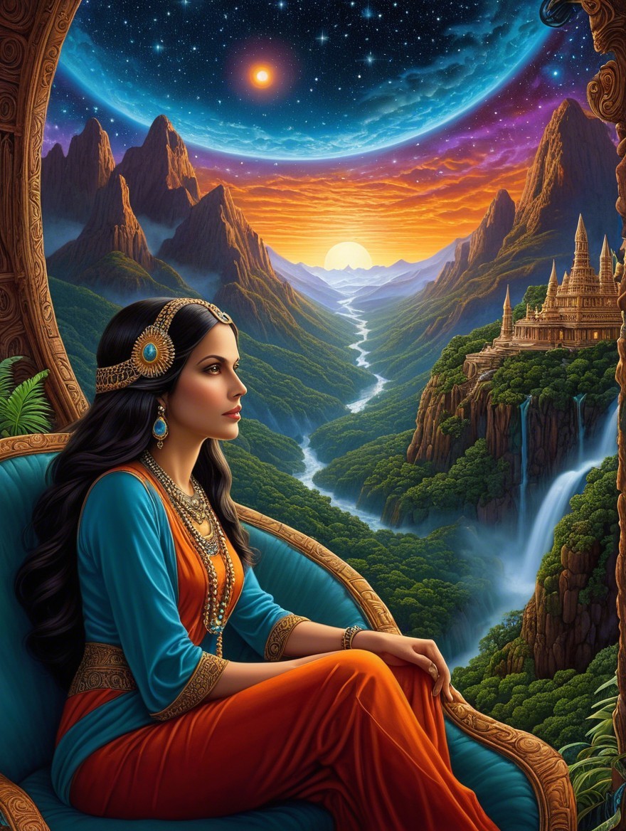 Serene Woman in Ornate Setting with Cosmic Background