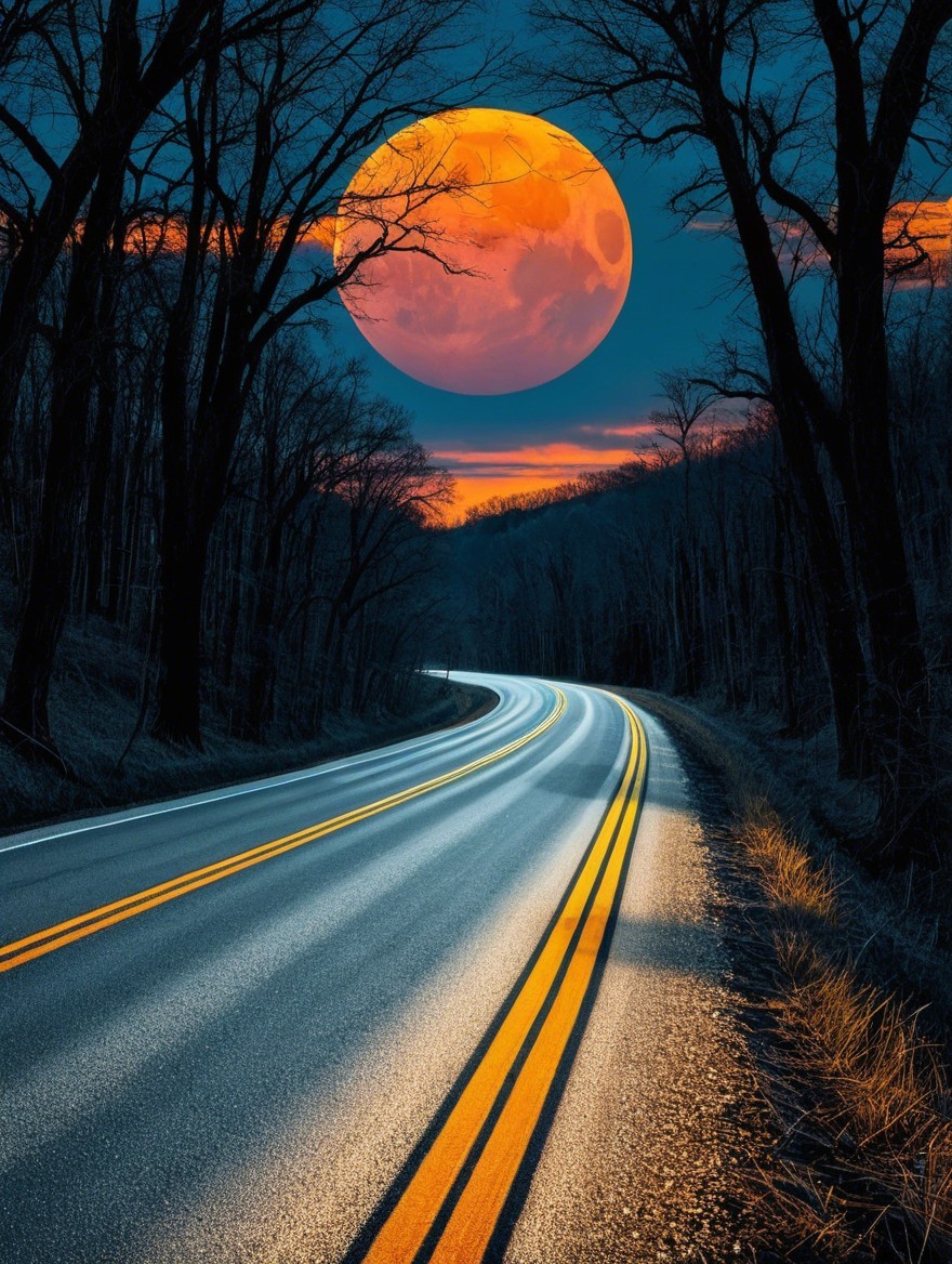 Winding Road Through Dark Woods Under Full Moonlight