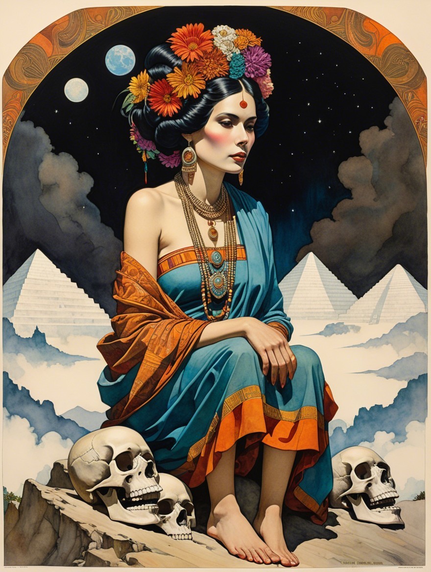 Woman in Gown Among Pyramids Under Starry Sky