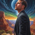 Man in Suit Contemplating Canyons at Sunset