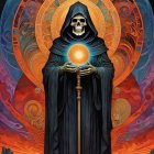 Cloaked figure with glowing orb and skulls in sunset