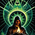 Cloaked Figure with Flame in Mystical Landscape Design