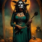 Haunting Figure in Emerald Gown with Moonlit Backdrop