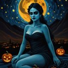 Serene Figure with Skull Face Against Moonlit Landscape