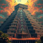 Majestic Pyramid at Sunset with Radiant Suns and Foliage