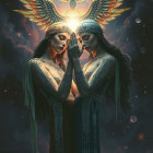 Couple with Tattoos in Cosmic Setting and Vibrant Colors
