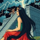 Mystical Woman Before Pyramid Under Stormy Sky