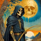 Skeleton in Cloak with Scythe Against Colorful Twilight
