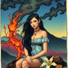 Woman in Turquoise Dress Against Volcanic Eruptions