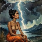 Woman in Orange Dress on Rocky Ledge with Stormy Sky