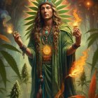 Mystical Figure Surrounded by Cannabis and Cosmic Elements