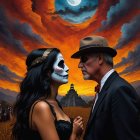 Couple in Day of the Dead Face Paint Against Sunset Sky