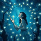 Night Scene with Glowing Orbs and Young Woman