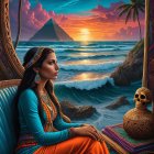 Woman in Traditional Attire at Sunset by Ocean