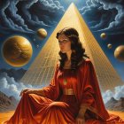 Serene Woman in Red Robe Among Celestial Bodies
