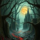 Mysterious Figure on Lava Path in Dark Forest