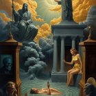 Surreal Scene with Moon, Water, and Neoclassical Elements