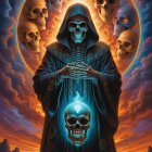 Mysterious Figure with Glowing Skulls at Sunset