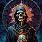 Skeletal Figure in Dark Robes Against Cosmic Background