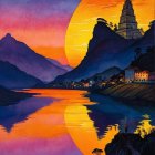 Vibrant Sunset Over Serene Landscape with Temple and River