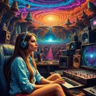 Surreal Scene of a Woman in Cosmic Music Production