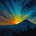 Night Sky Over Majestic Volcano with Colorful Clouds