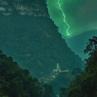 Vibrant Green Lightning Over Lush Mountain Landscape