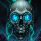 Metallic Skull with Glowing Eyes Under Starry Sky