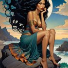 Serene Woman on Rocky Seaside at Sunset