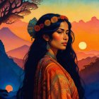Woman with Black Hair and Flowers at Sunset Scene
