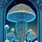 Intricate Mushroom Scene with Mystical Backdrop
