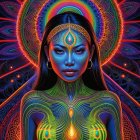 Portrait of a Woman with Neon Body Art and Mandalas