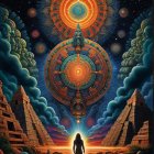 Young girl in cosmic scene with pyramids and symbols