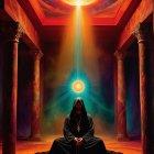Mystical Room with Cosmic Swirl and Meditation Scene