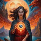 Mystical Woman with Blue Hair and Glowing Orb