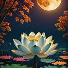 Serene Nighttime Scene with Lotus and Full Moon