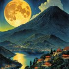 Serene Landscape with Moonlit River and Cozy Houses