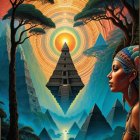 Surreal Landscape with Pyramids and Mystical Elements